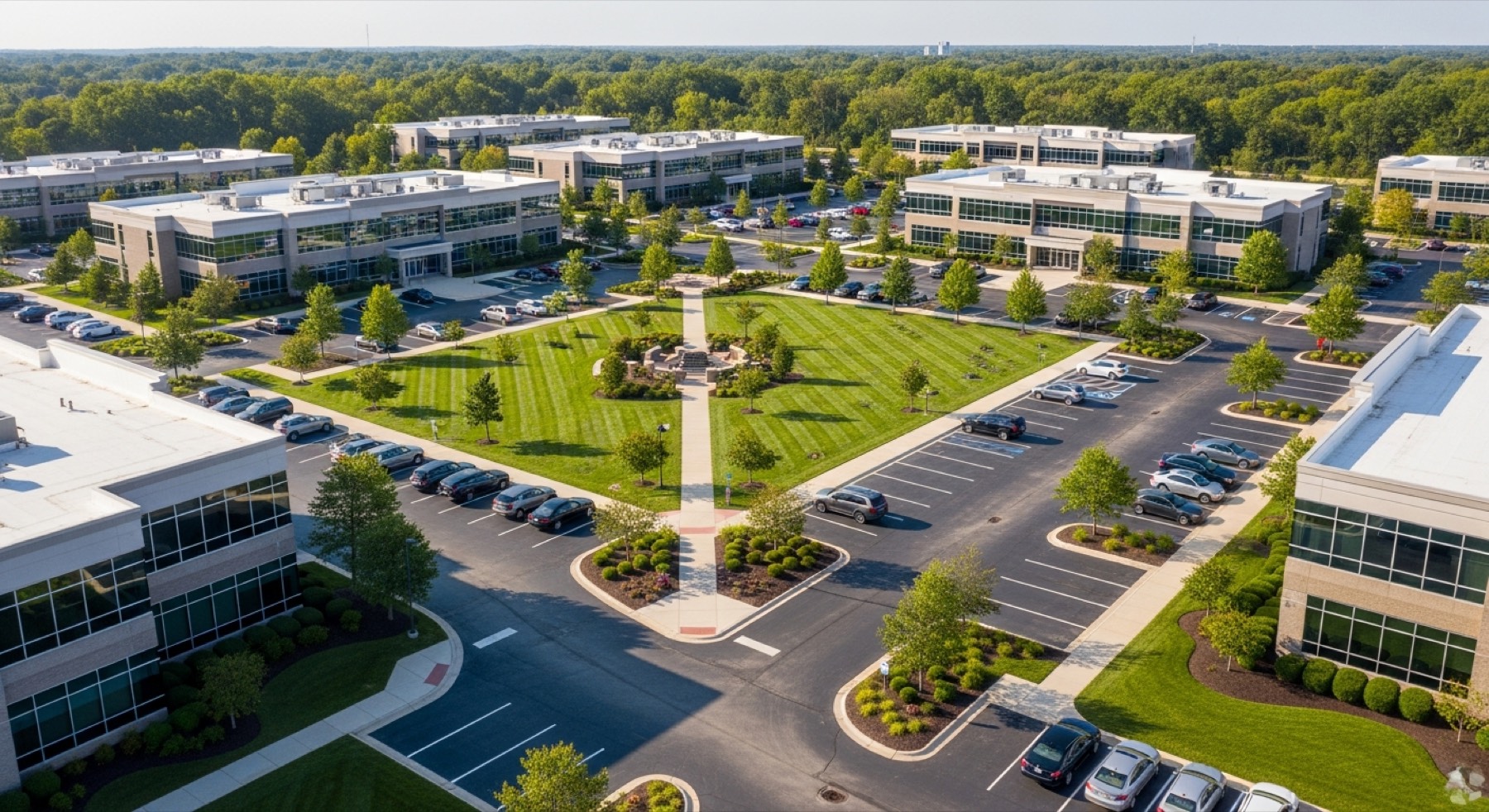 Aerial view of well-maintained commercial property