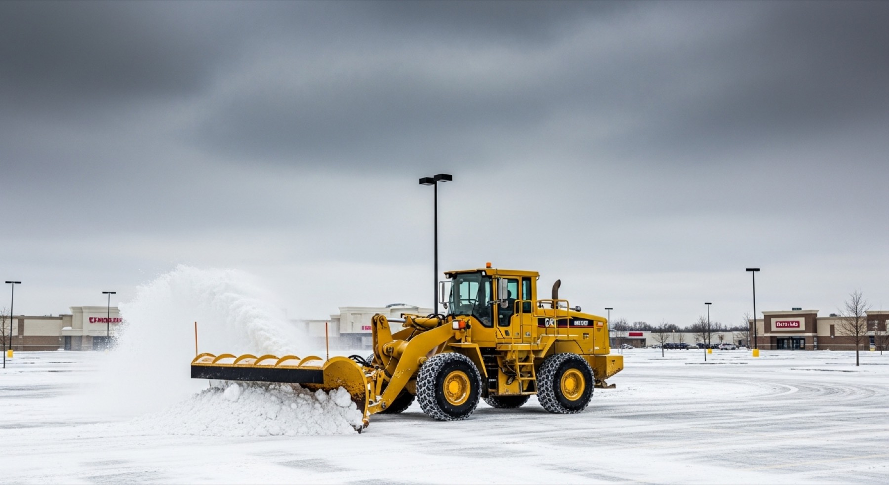 Snow plow truck clearing commercial lot