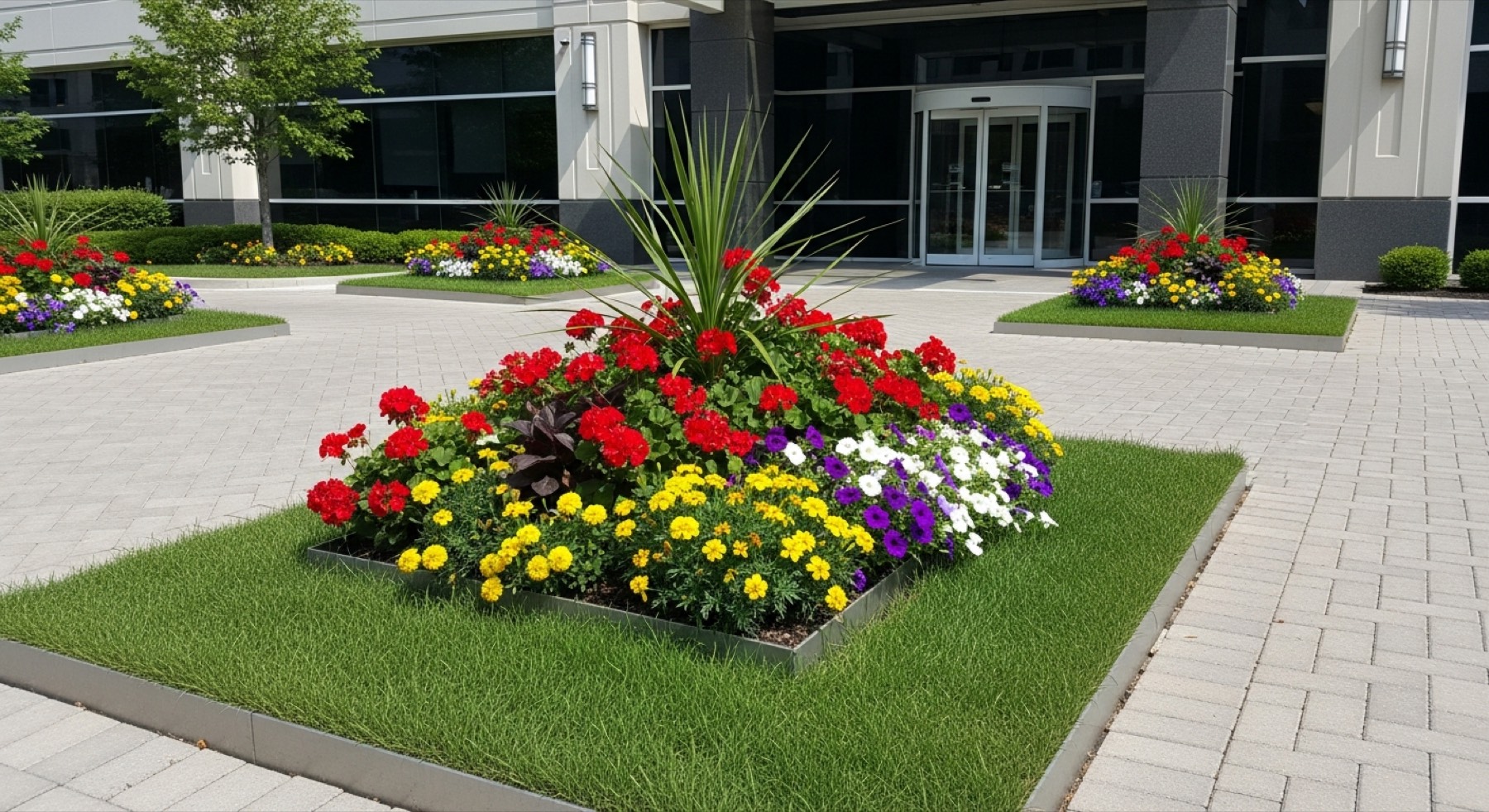 Maintained commercial entrance with seasonal flowers