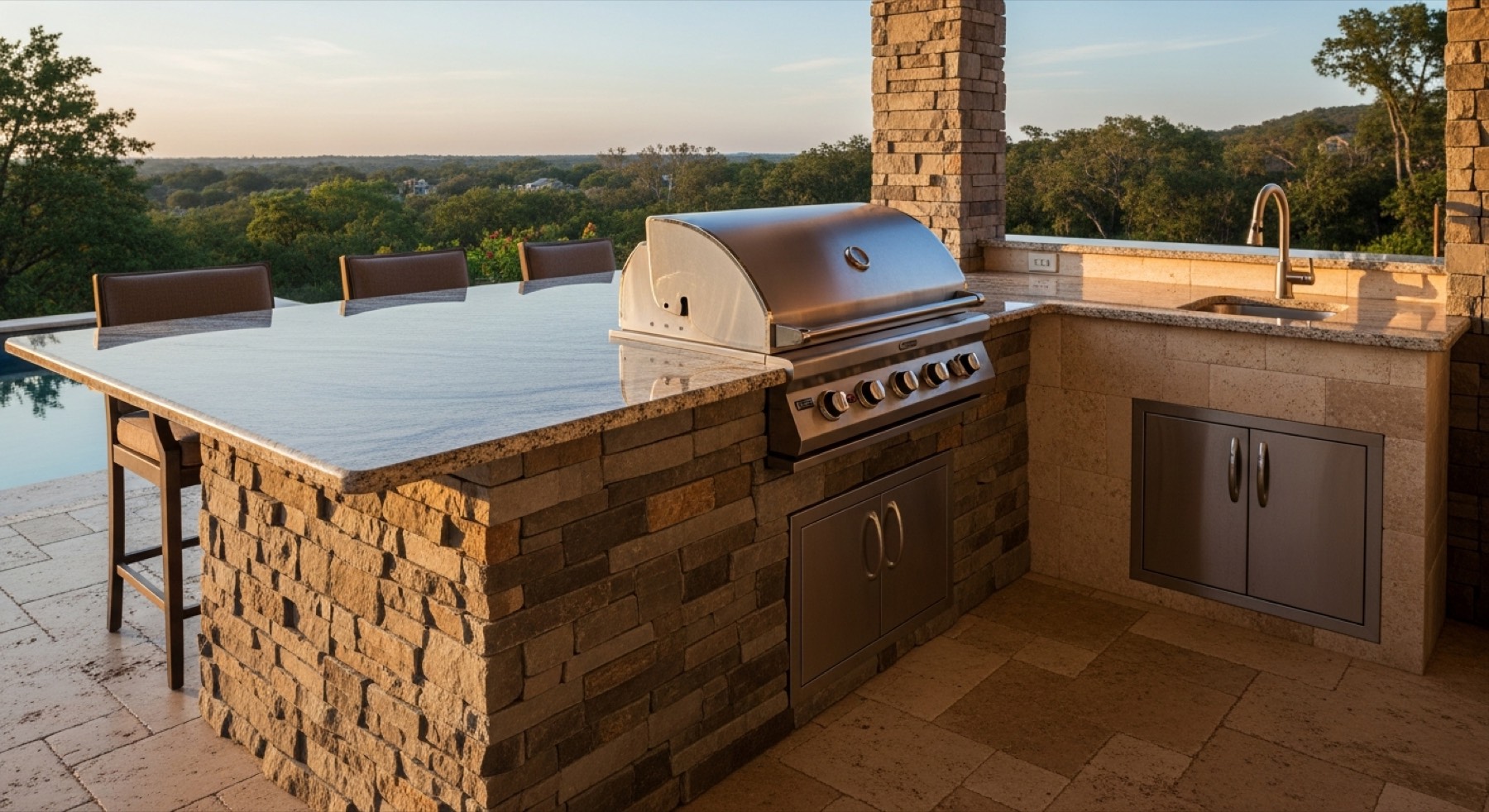 Outdoor kitchen with stacked stone island