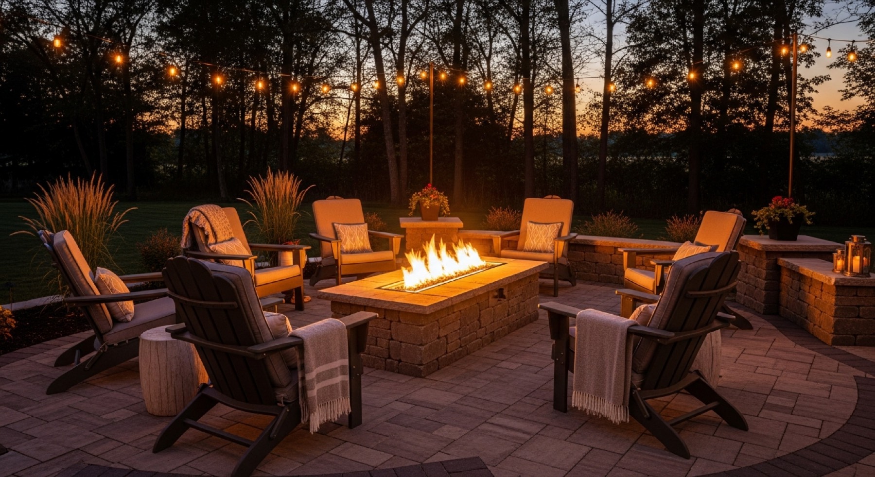 Gas fire pit with stone surround at dusk