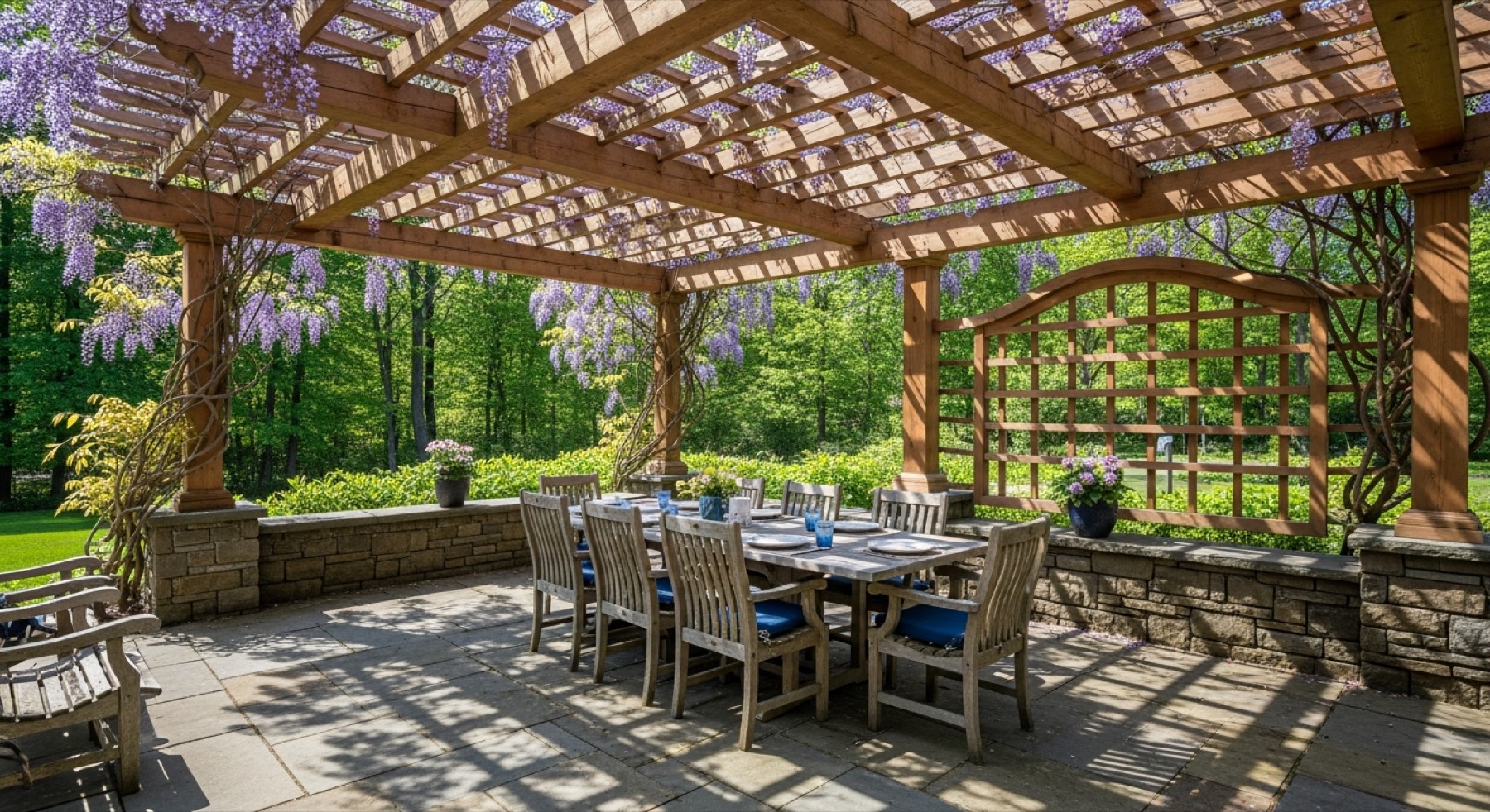 Cedar pergola over flagstone dining patio