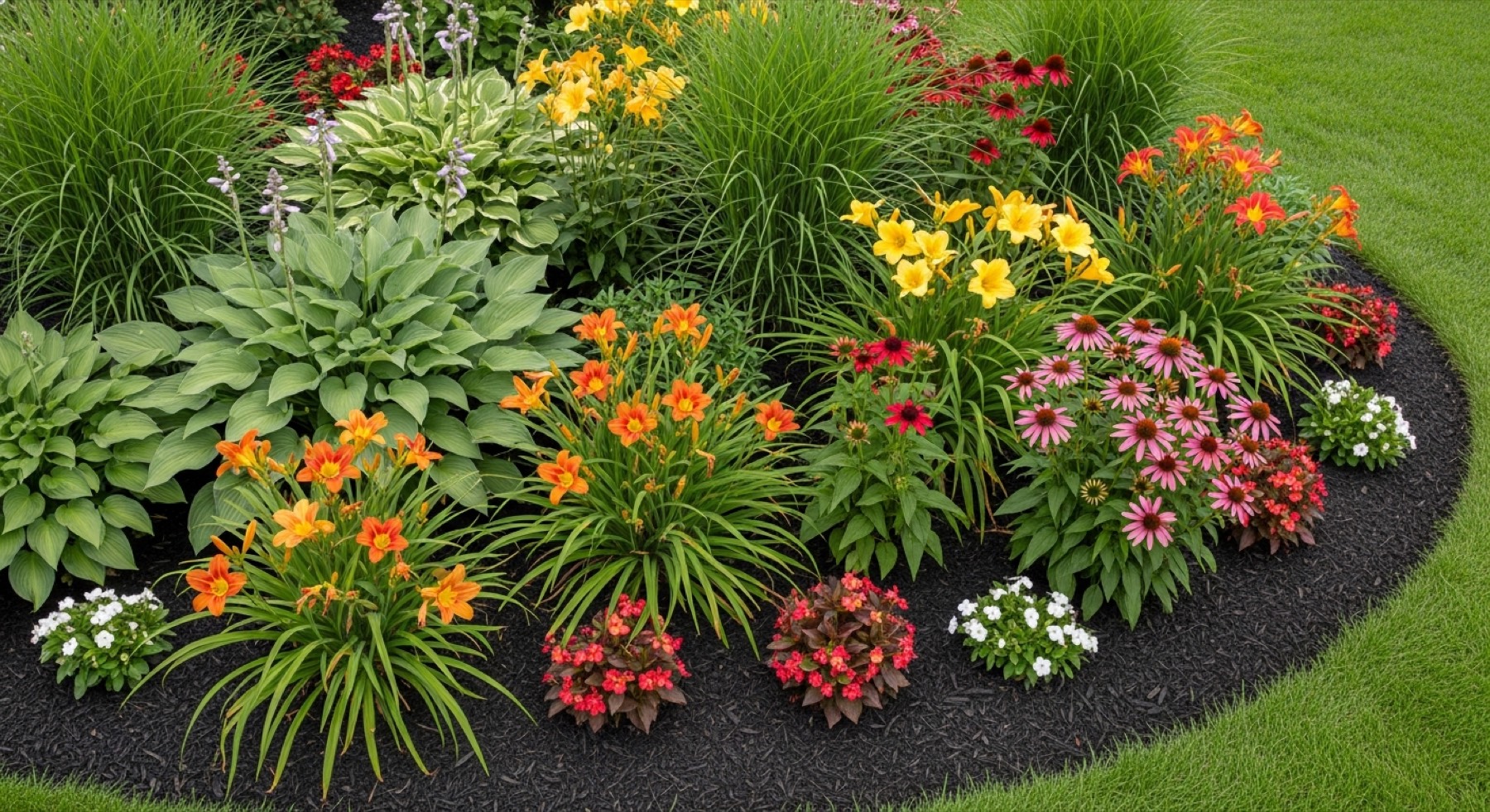 Mature perennial bed with crisp mulch edging