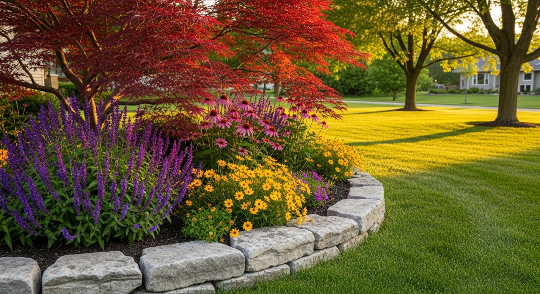 Curved garden bed with Japanese maple accent