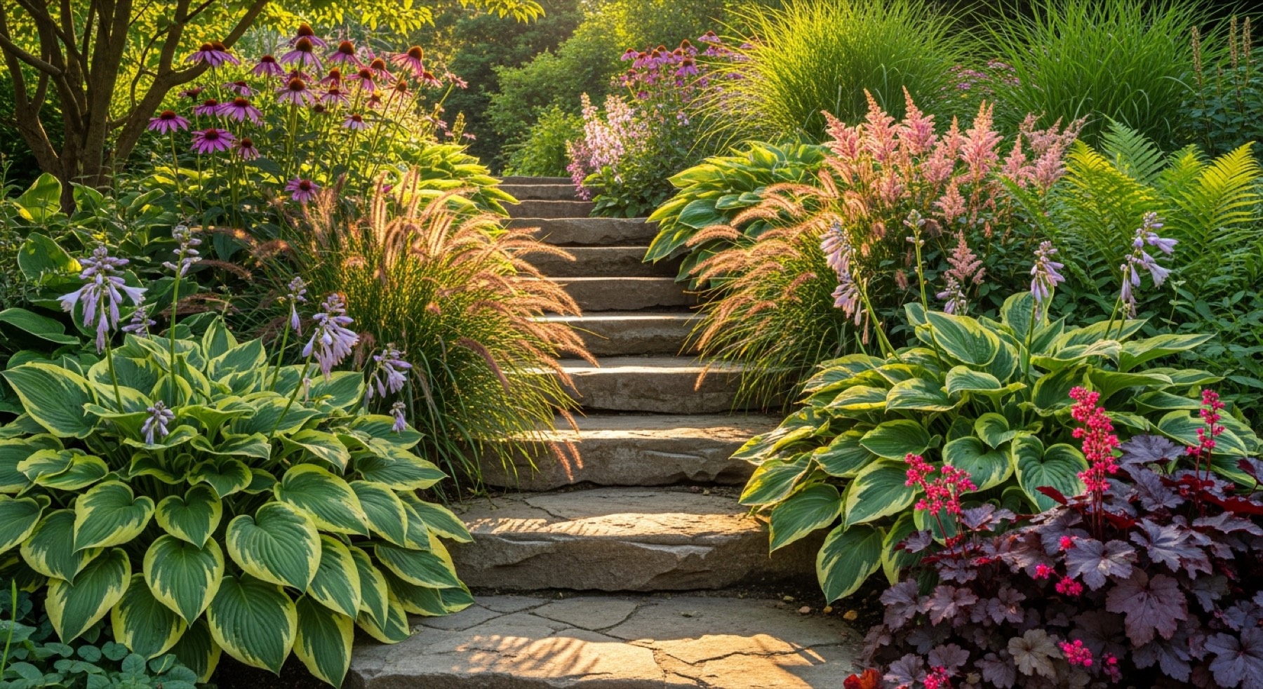 Natural stone steps through tiered garden