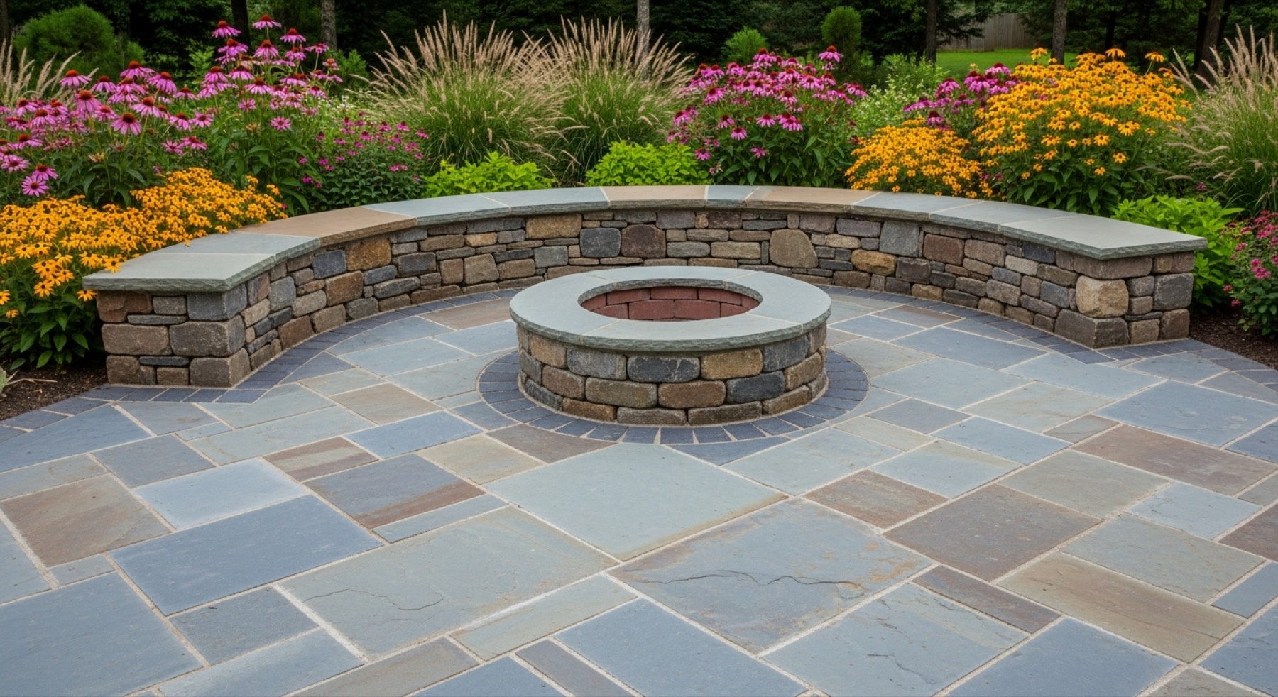 Bluestone patio with built-in seat wall and fire pit