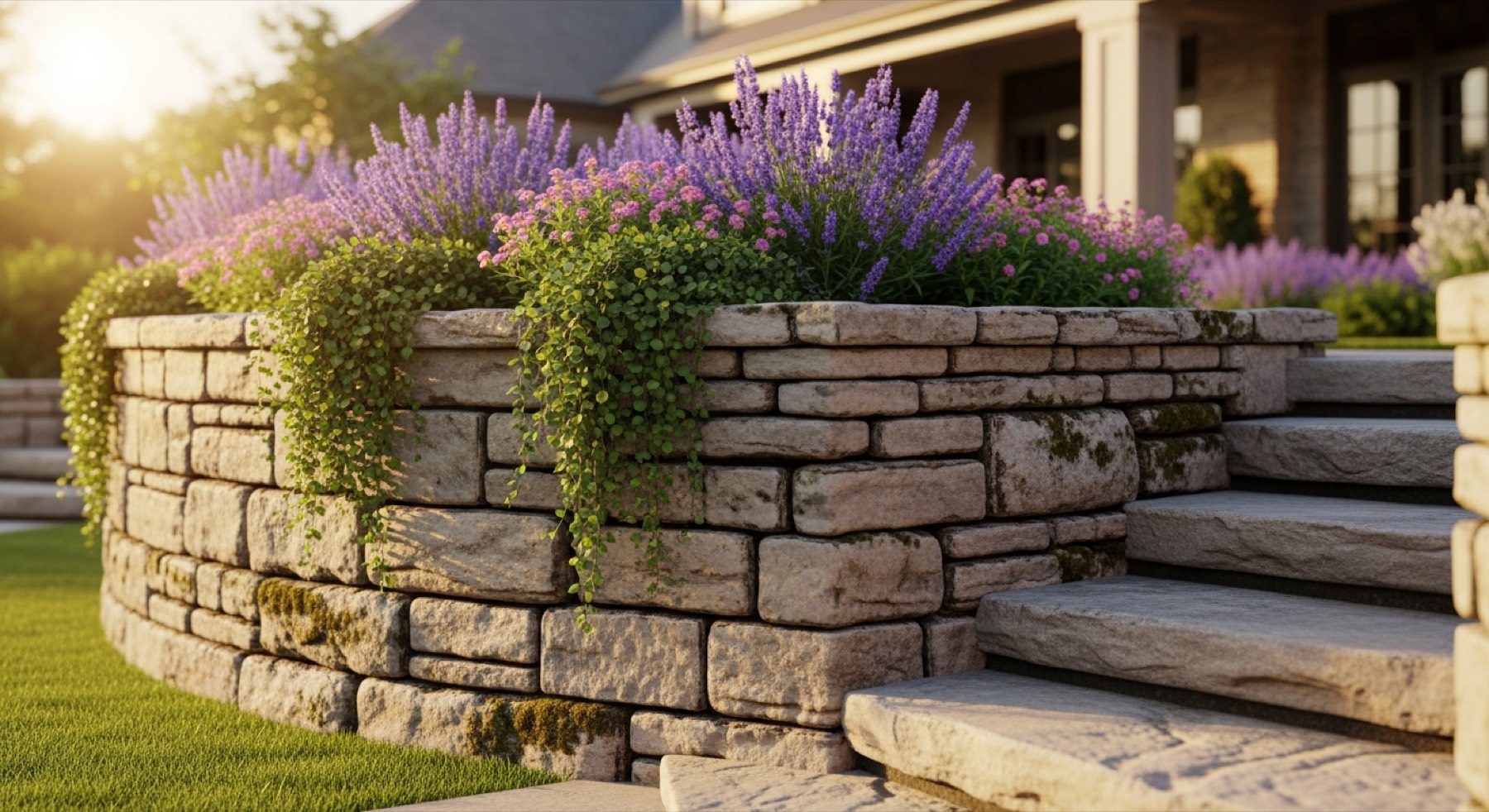 Natural stone garden wall with integrated steps