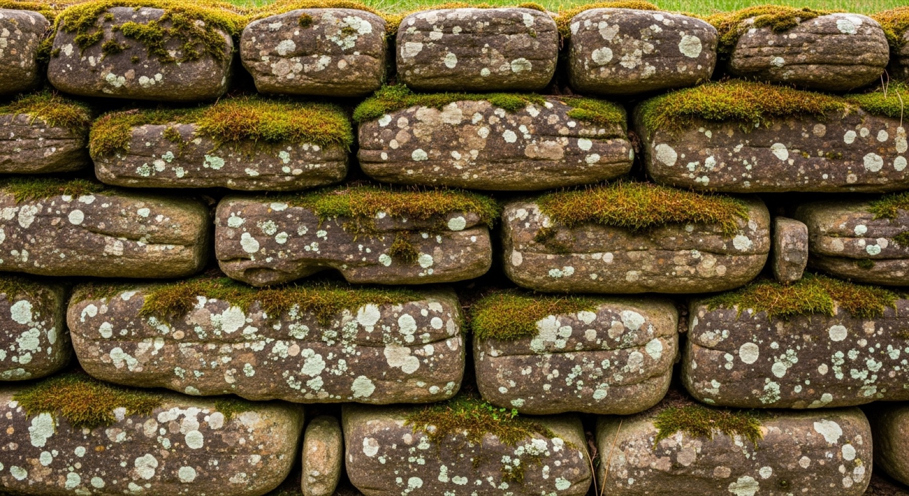 Detail of weathered fieldstone wall craftsmanship