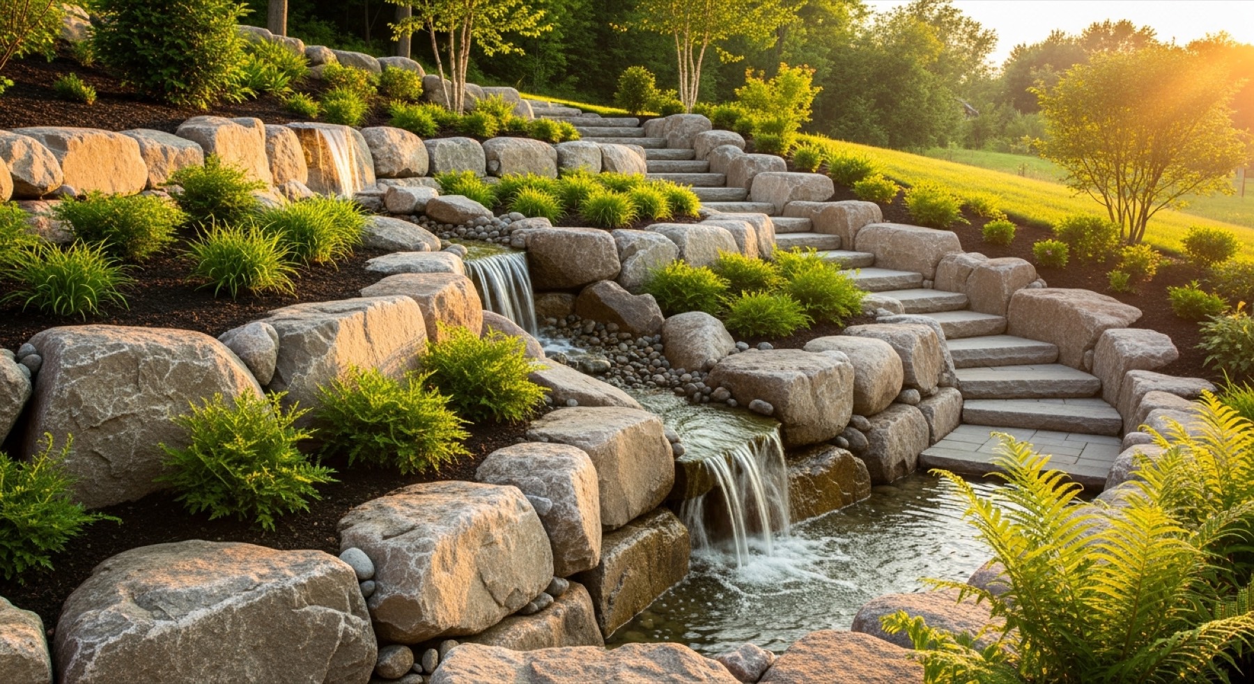 Curved boulder wall with integrated steps